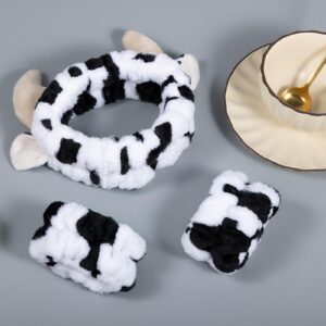 Miroksh Plush Wash Face Headband Cow Print Spa Wrist Band Cuffs Hair Scrunchy Women Girls Facial Makeup Skincare Bath Head Wrap Kids Costume Party Supply Birthday Gift