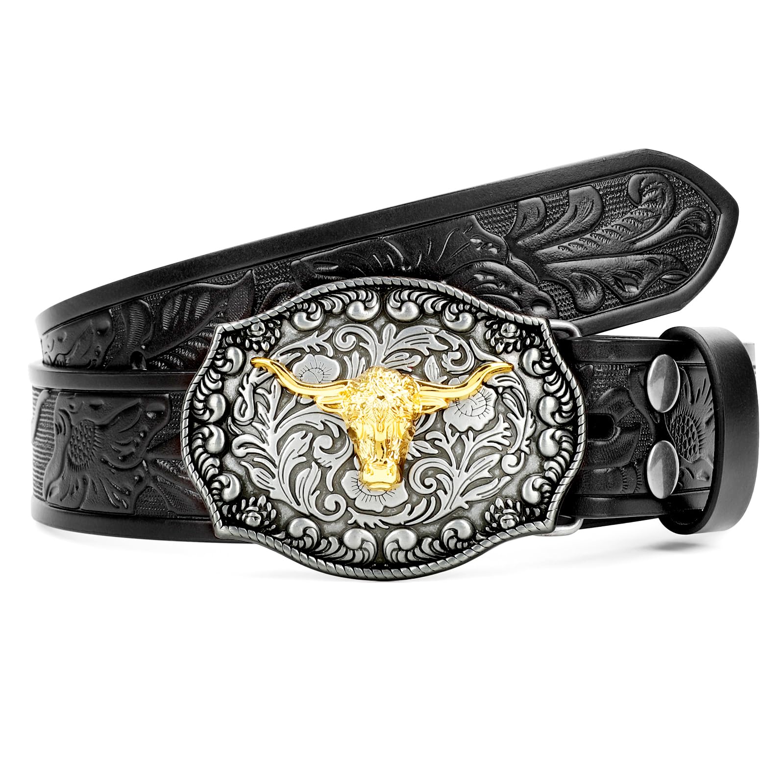 VONMELLI Western Belt Cowboy Belt for Men Women, Embossed Leather Men's Western Waist Belt for Jeans with Longhorn Bull Buckle Black, S