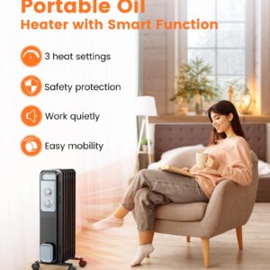 Joy Pebble Oil Filled Radiator Heater, Portable Electric Heater, 1S Rapid Heat, 3-Level Adjust, Tip-over&Overheat Protection, Portable Space Heater with 4 Wheels and Handle, 1200W Oil Heaters for Home