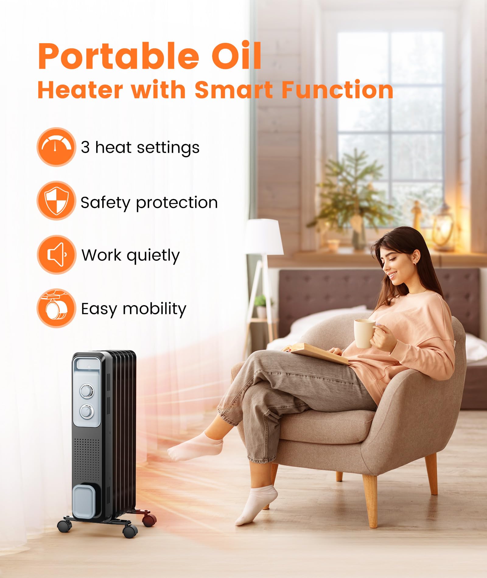 Joy Pebble Oil Filled Radiator Heater, Portable Electric Heater, 1S Rapid Heat, 3-Level Adjust, Tip-over&Overheat Protection, Portable Space Heater with 4 Wheels and Handle, 1200W Oil Heaters for Home