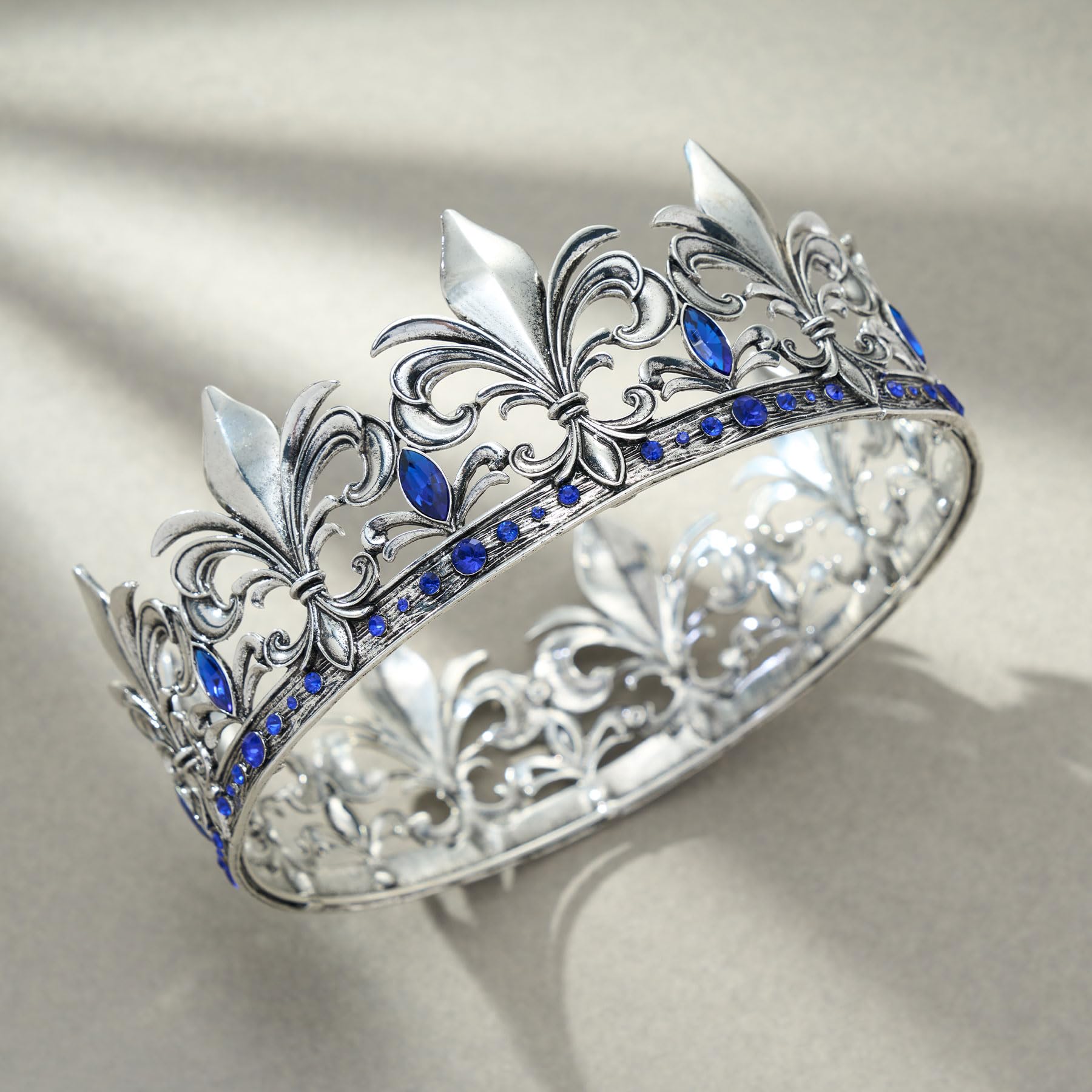 SWEETV Antique Silver King Crown for Men/Women (Unisex), Men's Tiara Prince Diadem, Crystal Medieval Headwear, Royal Costume Hair Accessories for Cosplay Birthday Wedding Halloween, Blue