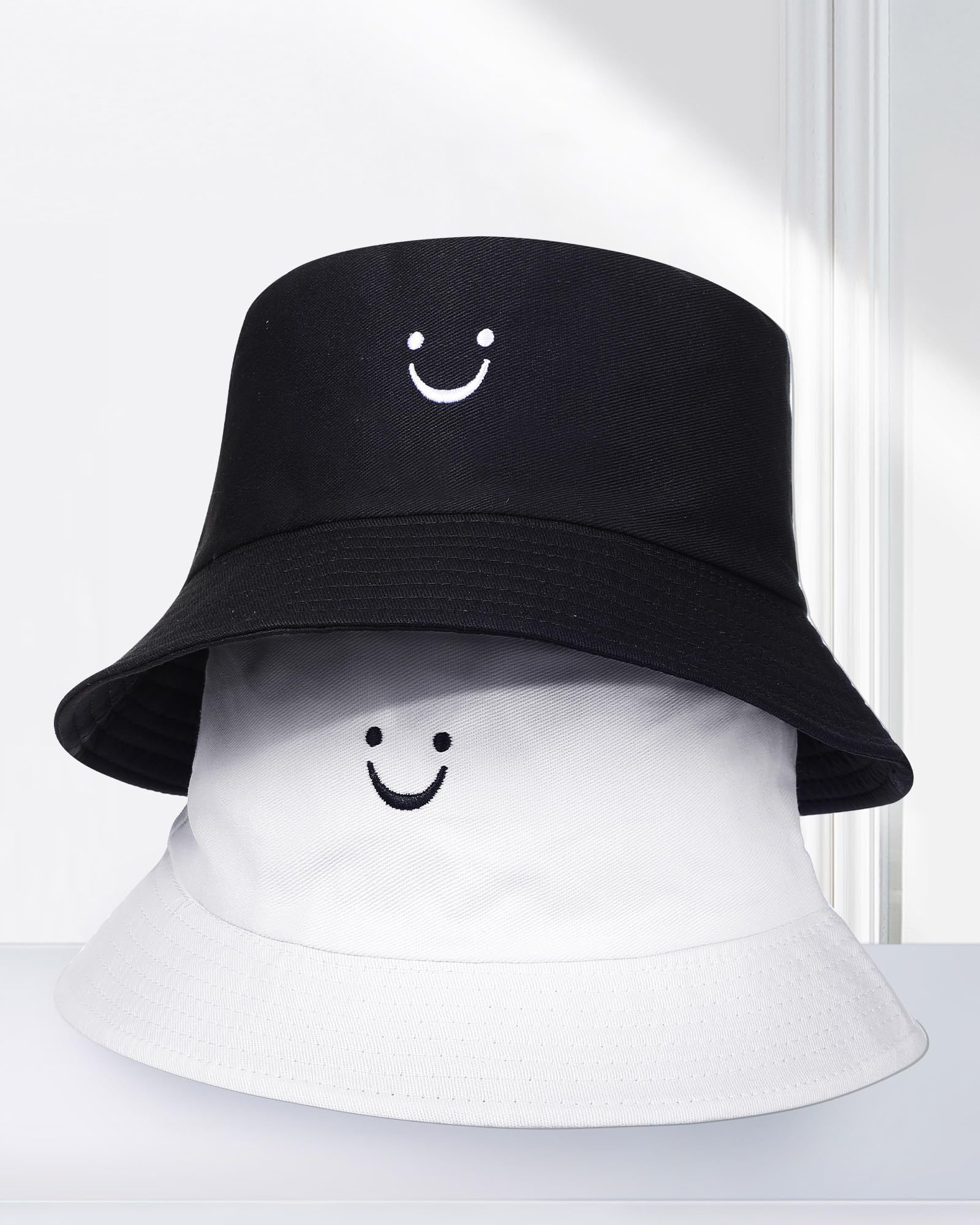 Xtinmee 36 Pcs Bucket Hats Bulk for Men Women White and Black Bucket Hats Unisex Summer Outdoor Travel Sun Hat Smiling Face Cute Cotton Cap Beach Fishing Hat for Teens Boys Fisherman