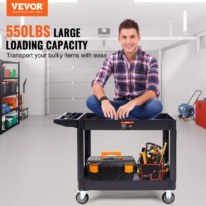 VEVOR Utility Service Cart, 2 Shelf 550LBS Heavy Duty Plastic Rolling Utility Cart with 360° Swivel Wheels (2 with Brakes), Large Lipped Shelf, Ergonomic Storage Handle for Warehouse/Garage/Cleaning