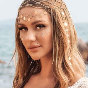 Yean Adults Gold Head Chain Sequins Headband Bohemian Hair Jewelry Tassel Festival Costume Headpiece for Women and Girls