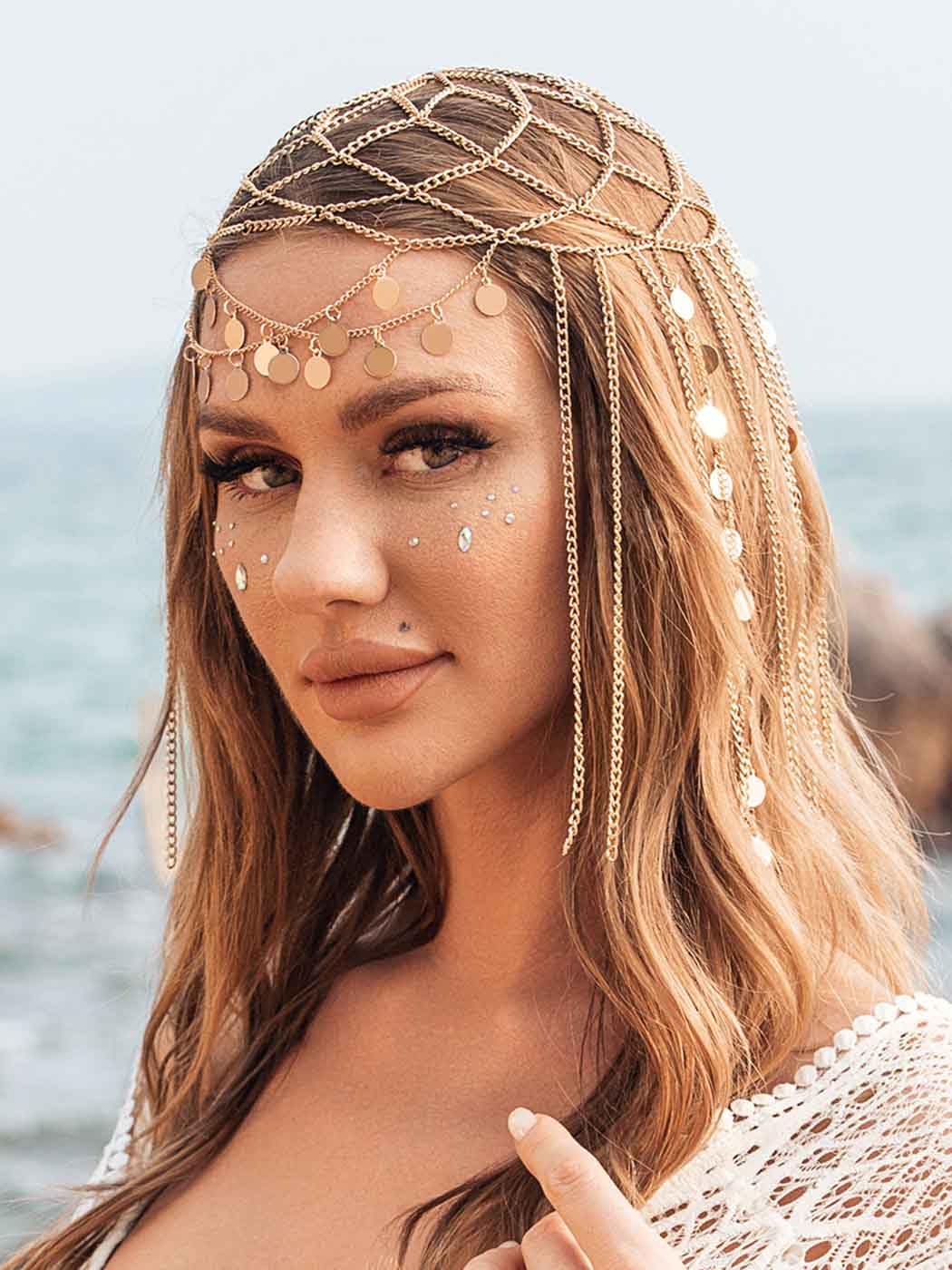 Yean Adults Gold Head Chain Sequins Headband Bohemian Hair Jewelry Tassel Festival Costume Headpiece for Women and Girls