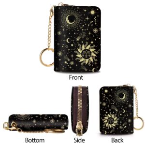 Yonlevres Credit Card Holder RFID Wallet, Astrological Sun Moon Small Card Holder Wallet for Women with Keychain Zipper, Leather Print Credit Card Case Organizer Accordion Gift