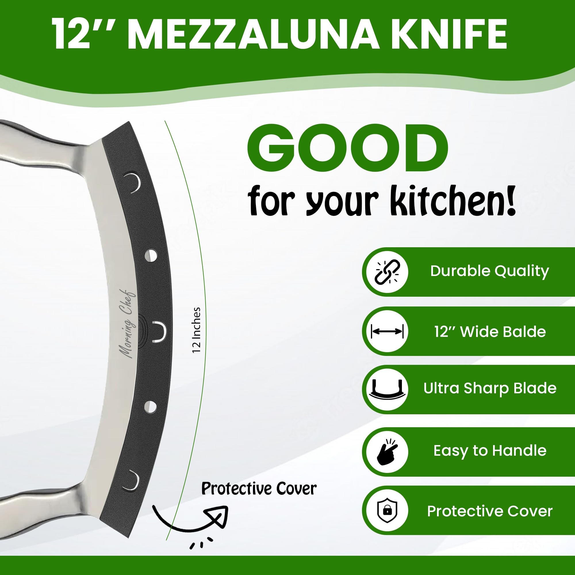 Morning Chef 12" Stainless Steel Mezzaluna Knife | Pizza Cutter | Chopper Dicer Mincer | Curved Blade with Steel Handles | Mezzaluna Sheath Pizza Cutter Rocker, Rocker Knife Veggie Cutter