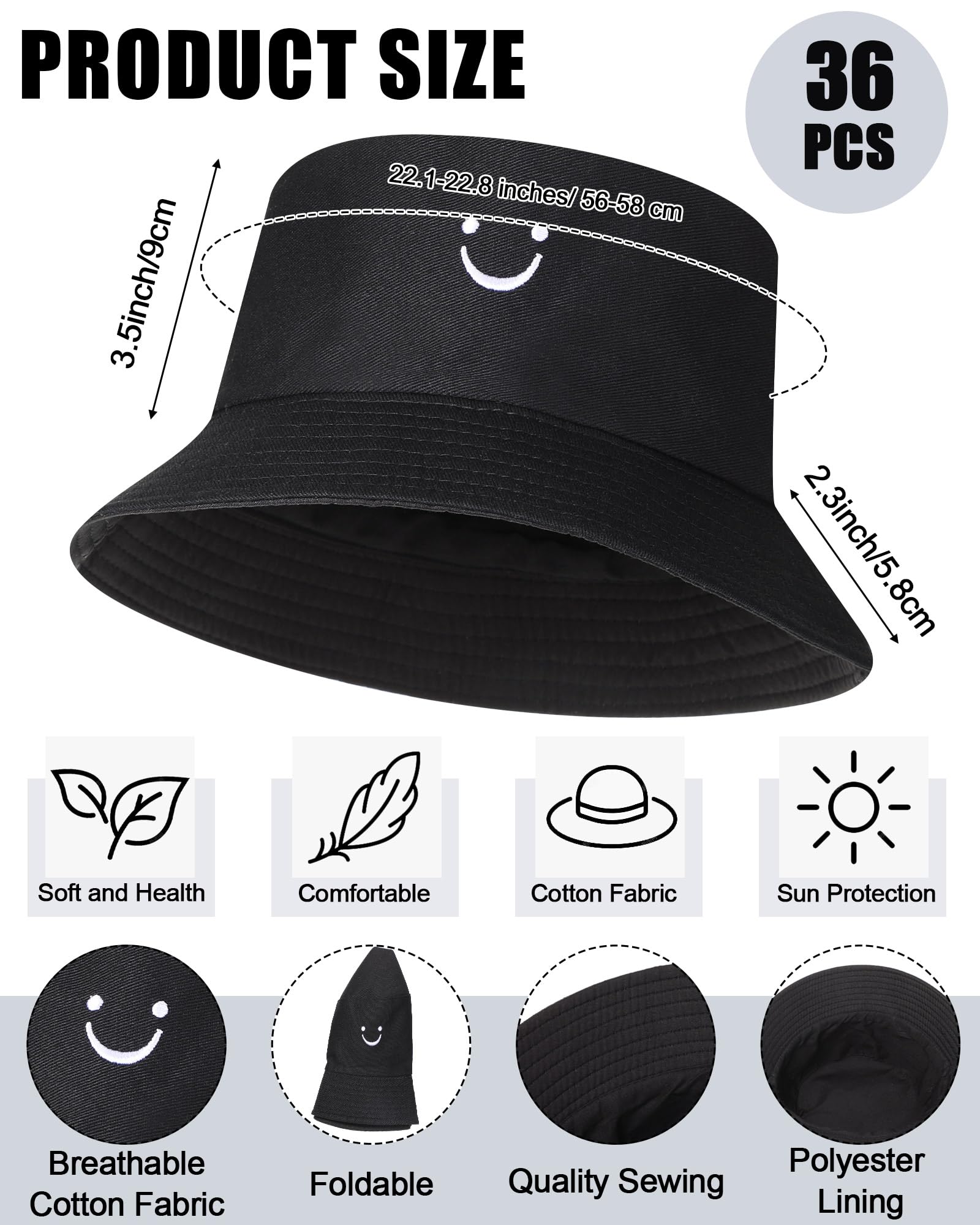 Xtinmee 36 Pcs Bucket Hats Bulk for Men Women White and Black Bucket Hats Unisex Summer Outdoor Travel Sun Hat Smiling Face Cute Cotton Cap Beach Fishing Hat for Teens Boys Fisherman