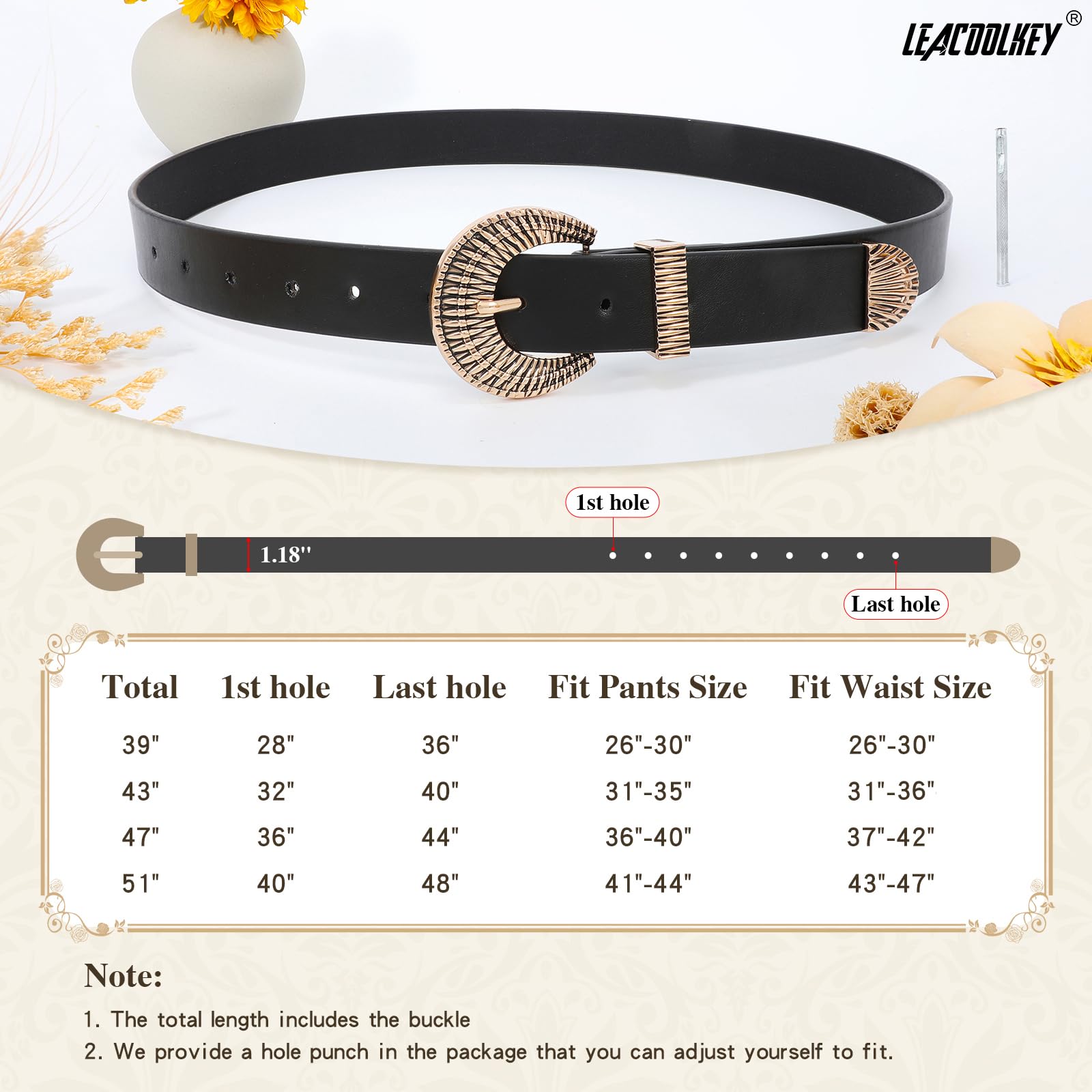 LEACOOLKEY Western Leather Belt for Women Vintage Design Buckle Waist Belt for Jeans Dress