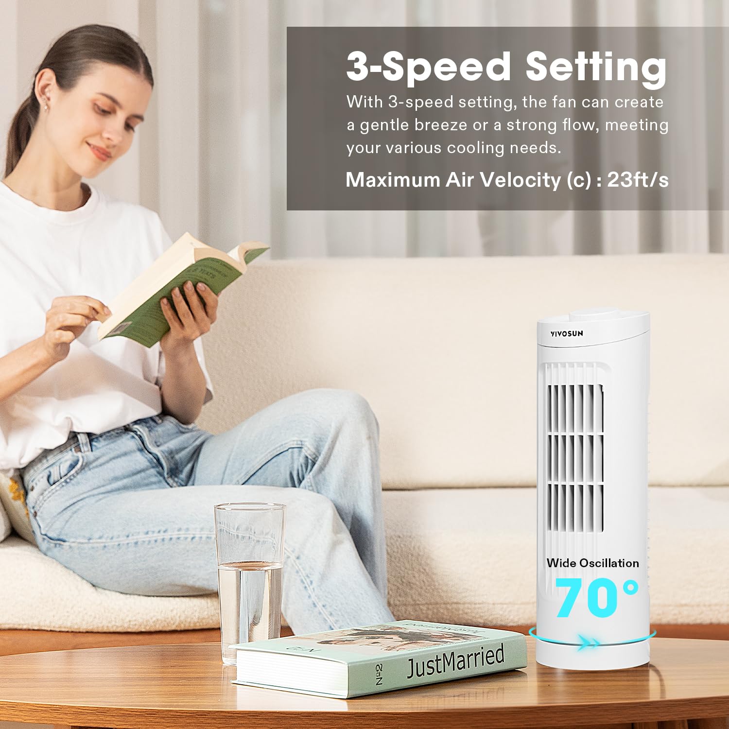 VIVOSUN 13'' Tower Fan, Bladeless Desk Fan with 3 Speeds and 70° Oscillation, Portable and Compact, Quiet Cooling Fan for Home and Office, White