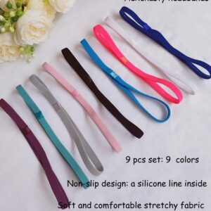 Hexchasty 9pcs Elastic Thin Headbands for Women Stretchy Skinny Headbands Sports Athletic Hair Bands for Women Men Girls Boys Teen Black Multi-colored