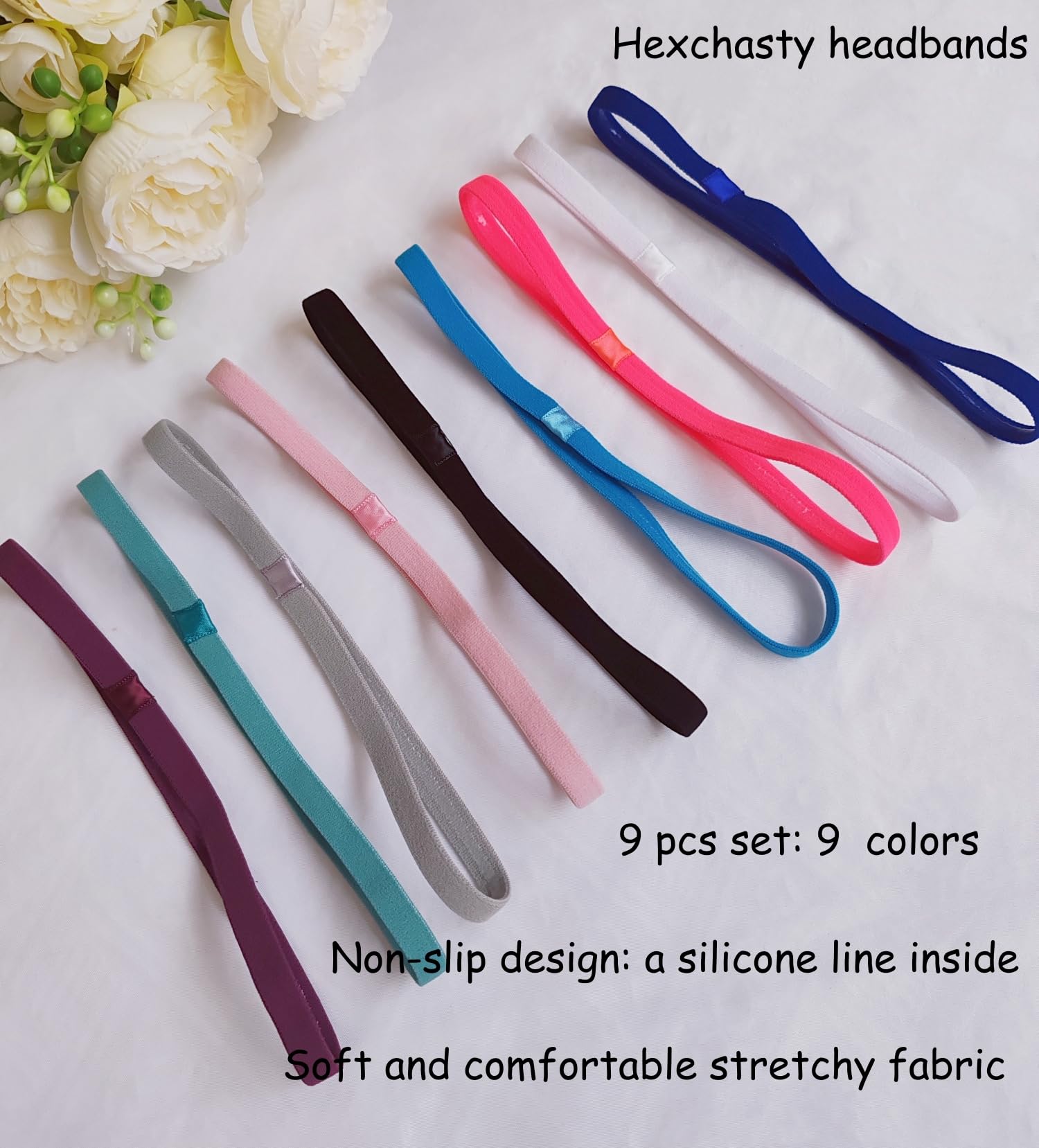 Hexchasty 9pcs Elastic Thin Headbands for Women Stretchy Skinny Headbands Sports Athletic Hair Bands for Women Men Girls Boys Teen Black Multi-colored