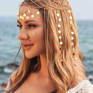 Yean Adults Gold Head Chain Sequins Headband Bohemian Hair Jewelry Tassel Festival Costume Headpiece for Women and Girls