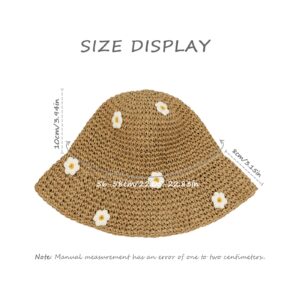 Women Straw Sun Hat Foldable Beach Hat Wide Brim Floppy Bucket Hat with Small Flower (Khaki-White Flower)