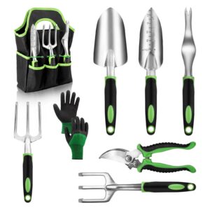 garden tool set with non slip rubber grip,8 piece stainless steel gardening tool sets,heavy duty outdoor hand tools durable storage tote bag,uprooting weeding tool, gifts for women men green