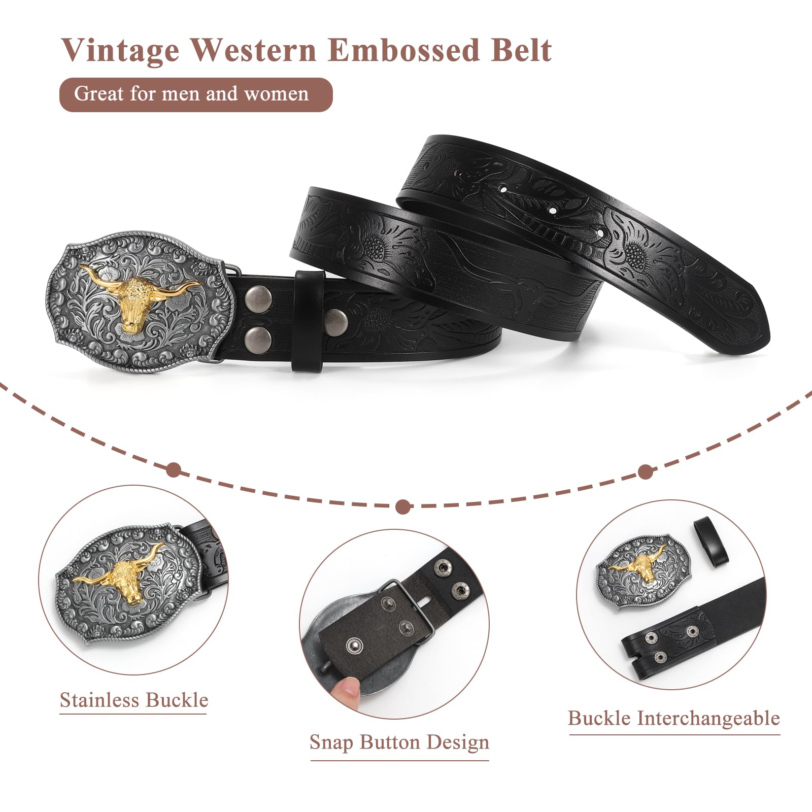 VONMELLI Western Belt Cowboy Belt for Men Women, Embossed Leather Men's Western Waist Belt for Jeans with Longhorn Bull Buckle Black, S