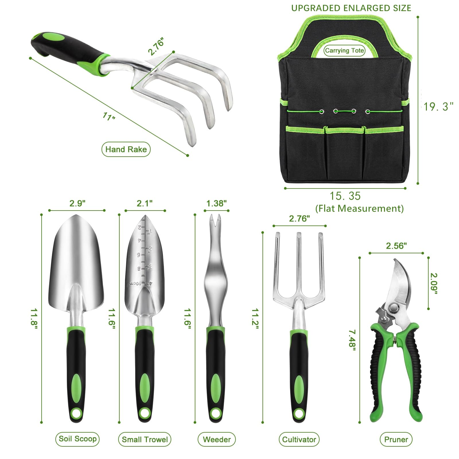 Garden Tool Set with Non Slip Rubber Grip,8 Piece Stainless Steel Gardening Tool Sets,Heavy Duty Outdoor Hand Tools Durable Storage Tote Bag,Uprooting Weeding Tool, Gifts for Women Men Green