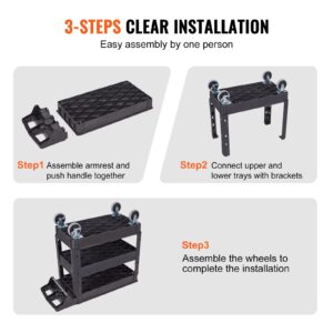 VEVOR Utility Service Cart, 3 Shelf 550LBS Heavy Duty Plastic Rolling Utility Cart with 360° Swivel Wheels (2 with Brakes), Medium Lipped Shelf, Ergonomic Storage Handle for Warehouse/Garage/Cleaning