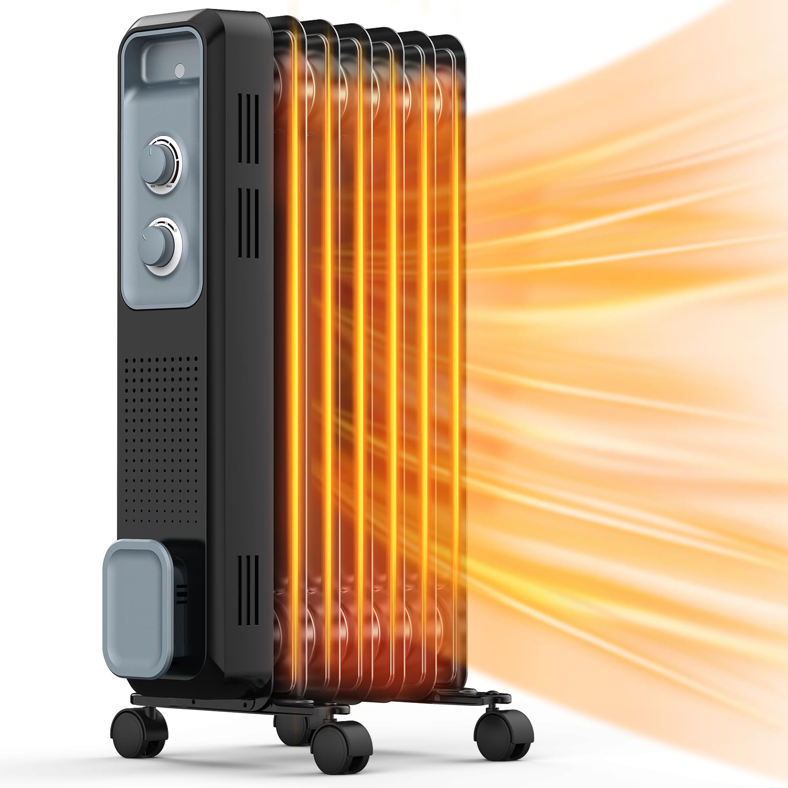 Joy Pebble Oil Filled Radiator Heater, Portable Electric Heater, 1S Rapid Heat, 3-Level Adjust, Tip-over&Overheat Protection, Portable Space Heater with 4 Wheels and Handle, 1200W Oil Heaters for Home