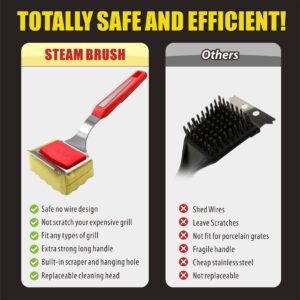 GRILLART Grill Brush Bristle Free. SteamWizards BBQ Replaceable Cleaning Head, Unique Seamless-Fit Scraper Tool for Cast Iron/Stainless-Steel Grates, Safe Barbecue Grill Cleaner-Red