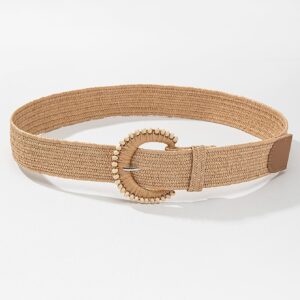 Verdusa Women's Round Buckle Straw Belts Boho Braided Waist Belt Khaki 100