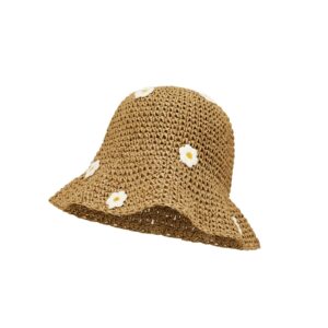 women straw sun hat foldable beach hat wide brim floppy bucket hat with small flower (khaki-white flower)