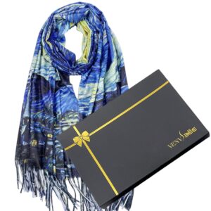 venvsbee van gogh scarves art scarf for women best gift reversible soft cashmere feel shawl wrap doubleside pashmina in gift box-02 starry night