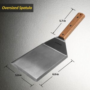 Extra Wide Spatula, Large Metal Spatula with Full Tang Wooden Handle & Beveled Edges for Skillets, Griddles & Grills, Pancake Flipper Spatula, Smash Burgers Spatula, 6 x 5-inches