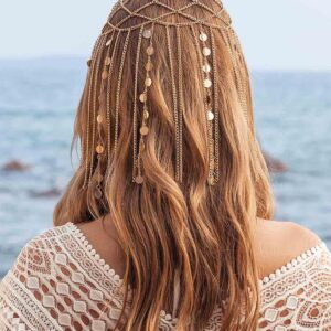 Yean Adults Gold Head Chain Sequins Headband Bohemian Hair Jewelry Tassel Festival Costume Headpiece for Women and Girls