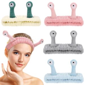 dragonflydreams hairband, 4 pack snail headbands for washing face, soft microfiber coral fleece skincare makeup headbands, women headband accessories, cute cartoon headband for hair for women