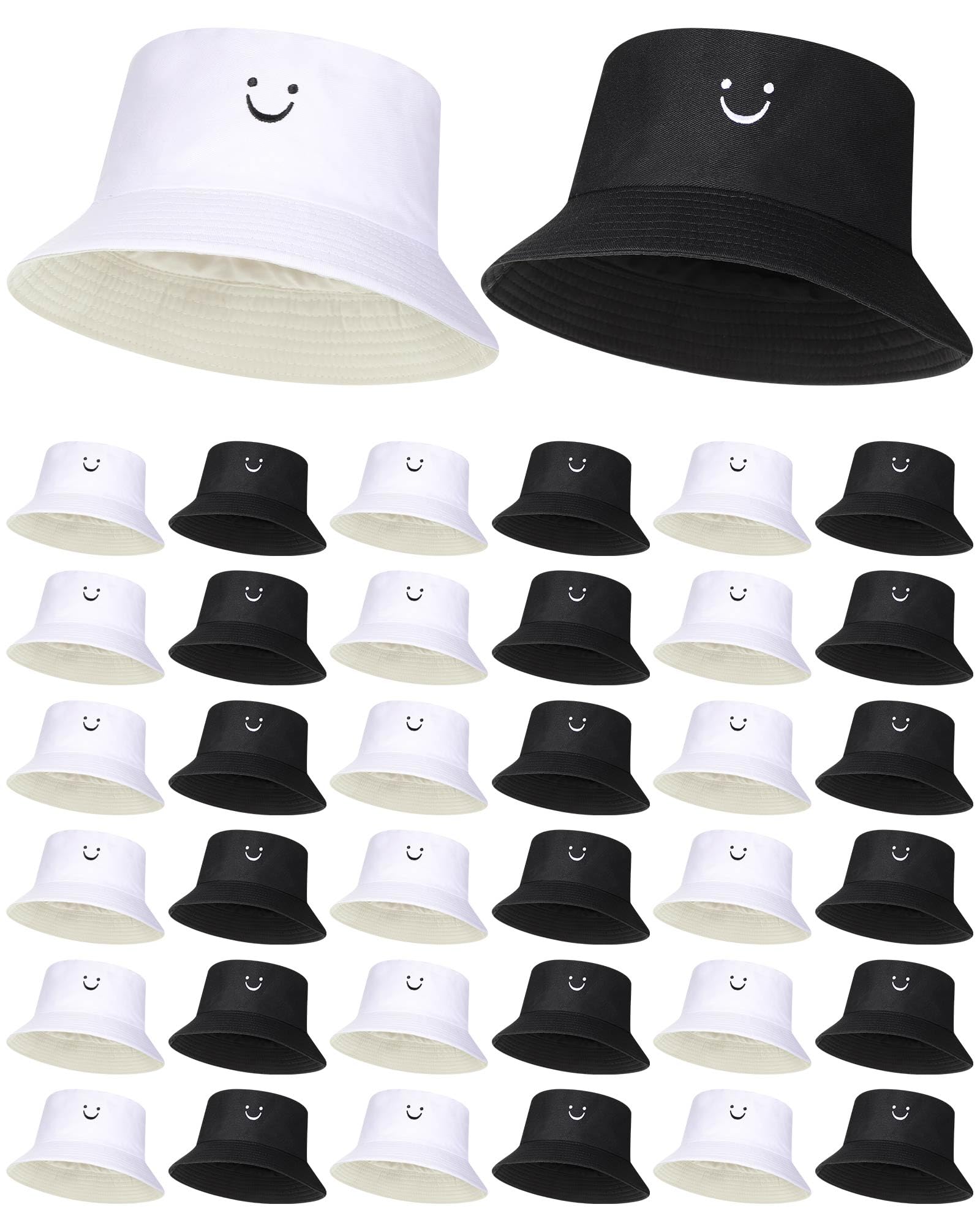 Xtinmee 36 Pcs Bucket Hats Bulk for Men Women White and Black Bucket Hats Unisex Summer Outdoor Travel Sun Hat Smiling Face Cute Cotton Cap Beach Fishing Hat for Teens Boys Fisherman