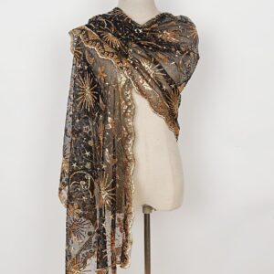 L'VOW Women's Glittering 1920s Scarf Mesh Sequin Wedding Cape Fringed Evening Shawl Wrap(S4-Black&Gold)