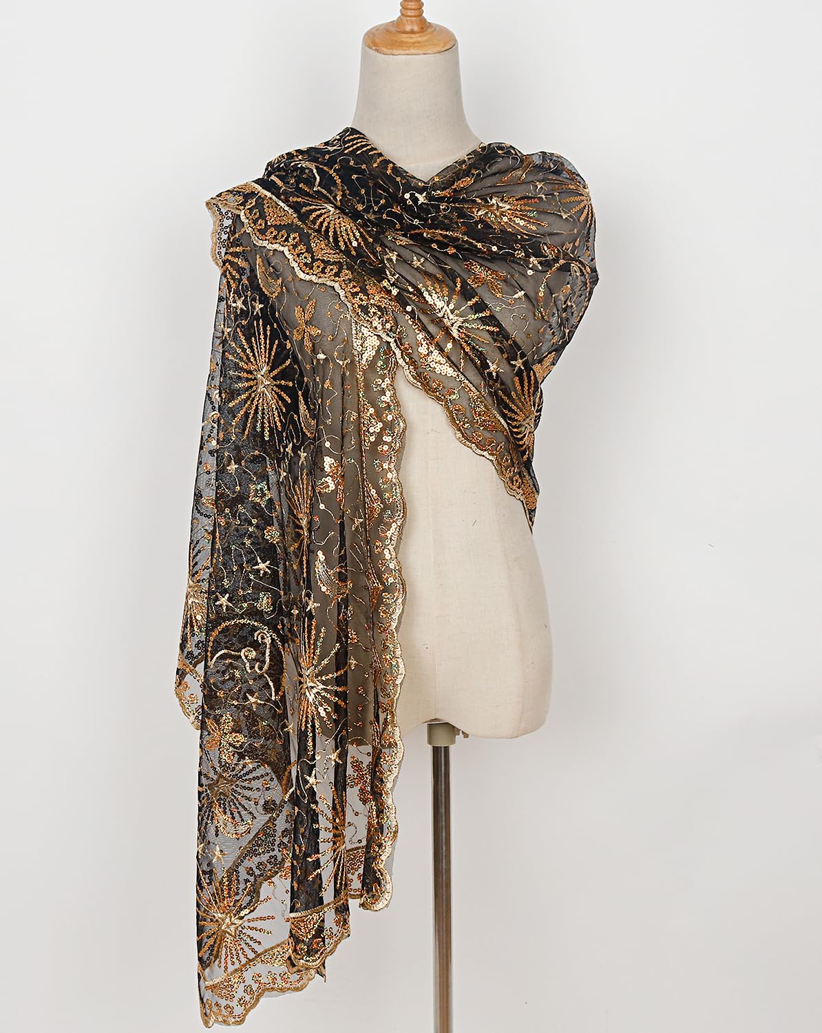 L'VOW Women's Glittering 1920s Scarf Mesh Sequin Wedding Cape Fringed Evening Shawl Wrap(S4-Black&Gold)