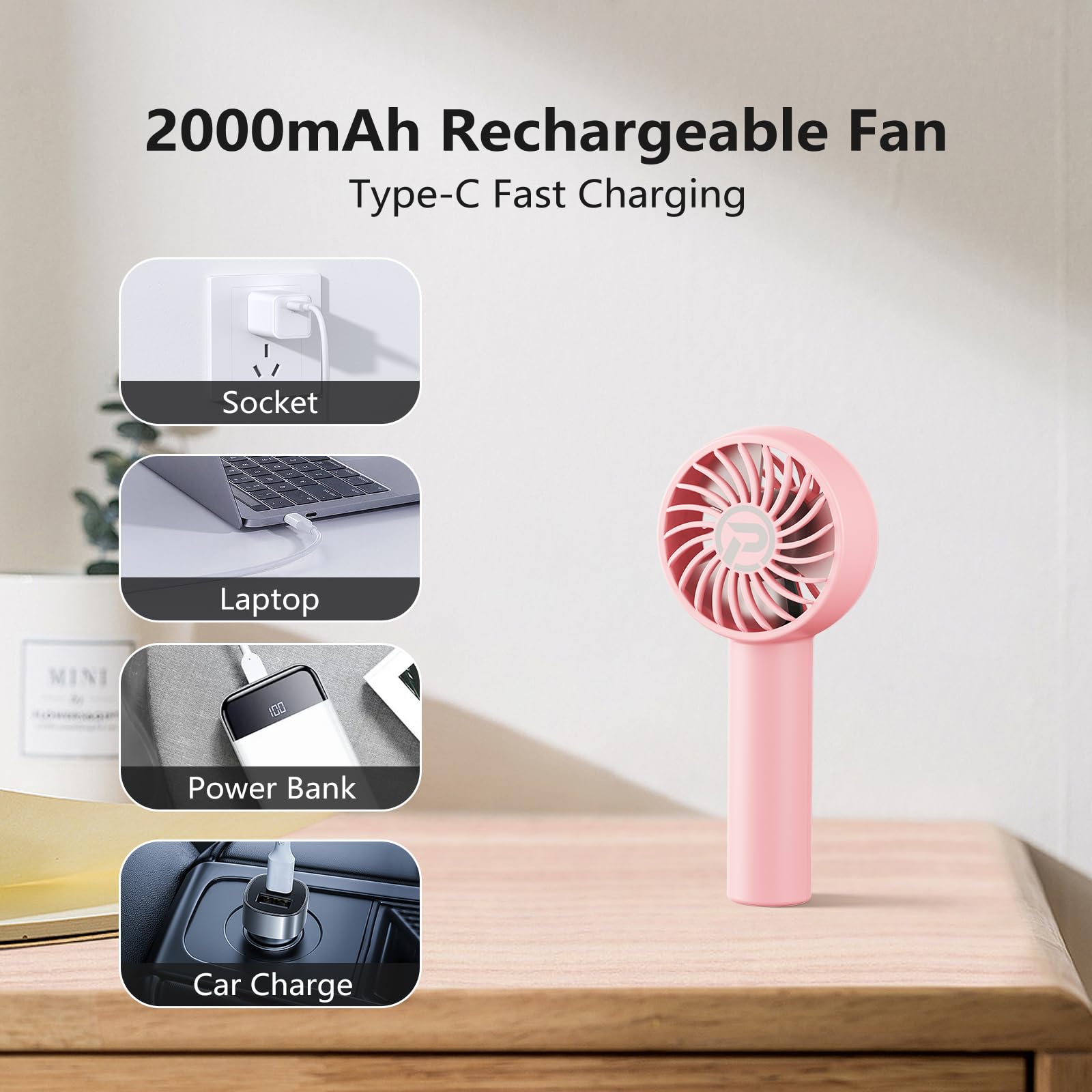 MORECORE Mini Handheld Fan for Kids - 3 Powerful Adjustable Speeds, 8HR Run Time, USB Rechargeable, Cute Design Fan with Lanyard for Girls Teens Park Disneyland Outdoor-Pink