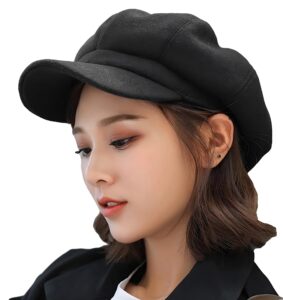 women beret newsboy hat - 8 panels beret hats vintage cabbie hat octagonal cap for women girl(size:m) black