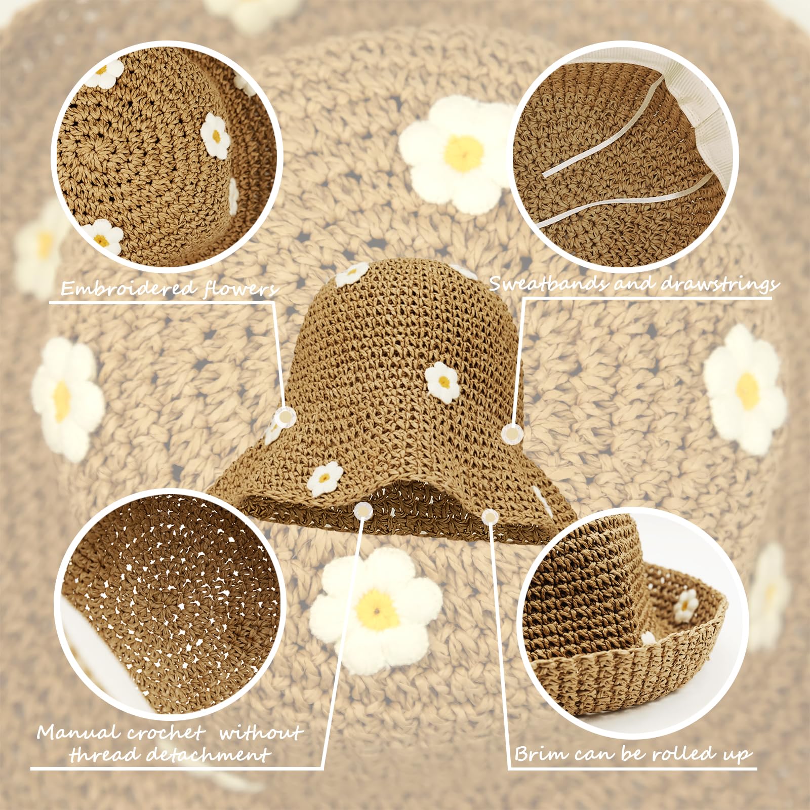 Women Straw Sun Hat Foldable Beach Hat Wide Brim Floppy Bucket Hat with Small Flower (Khaki-White Flower)