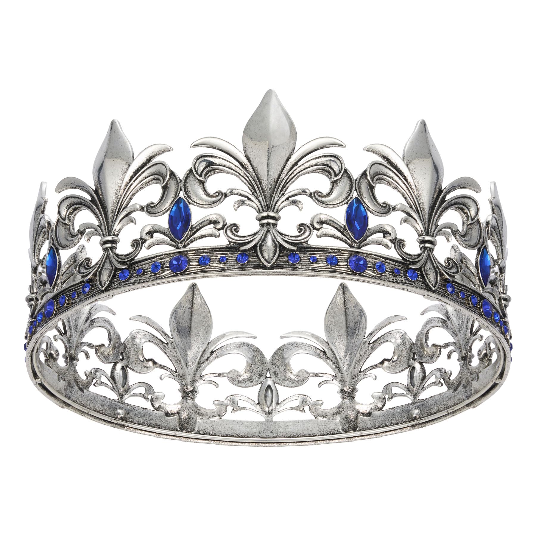 SWEETV Antique Silver King Crown for Men/Women (Unisex), Men's Tiara Prince Diadem, Crystal Medieval Headwear, Royal Costume Hair Accessories for Cosplay Birthday Wedding Halloween, Blue