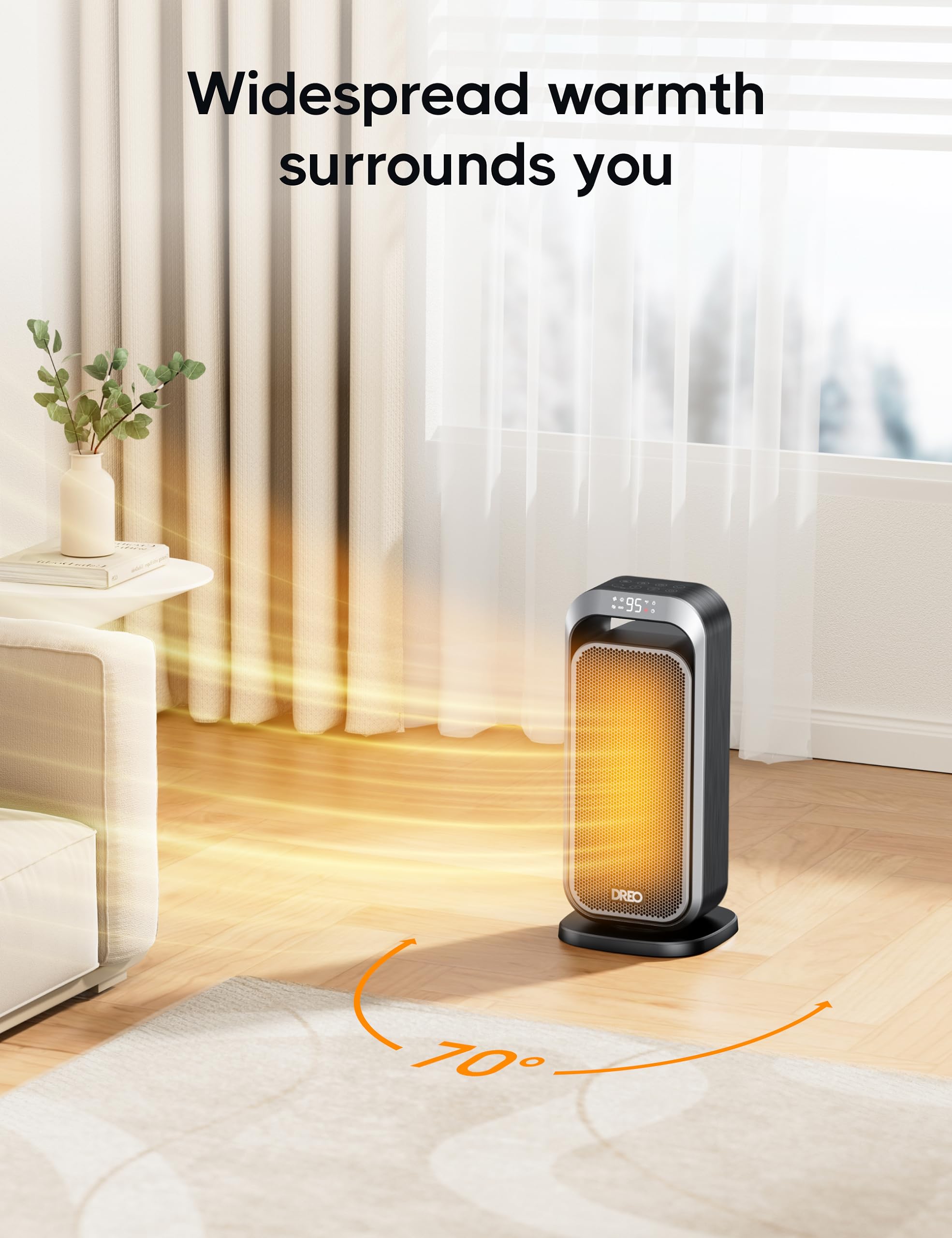 Dreo Quiet Space Heaters for Indoor Use, 1500W Electric Heater with Remote, PTC Ceramic Heater with Thermostat, 12H Timer, 70° Oscillation, Digital Display, Fast Safety Room Heater for Bedroom Office