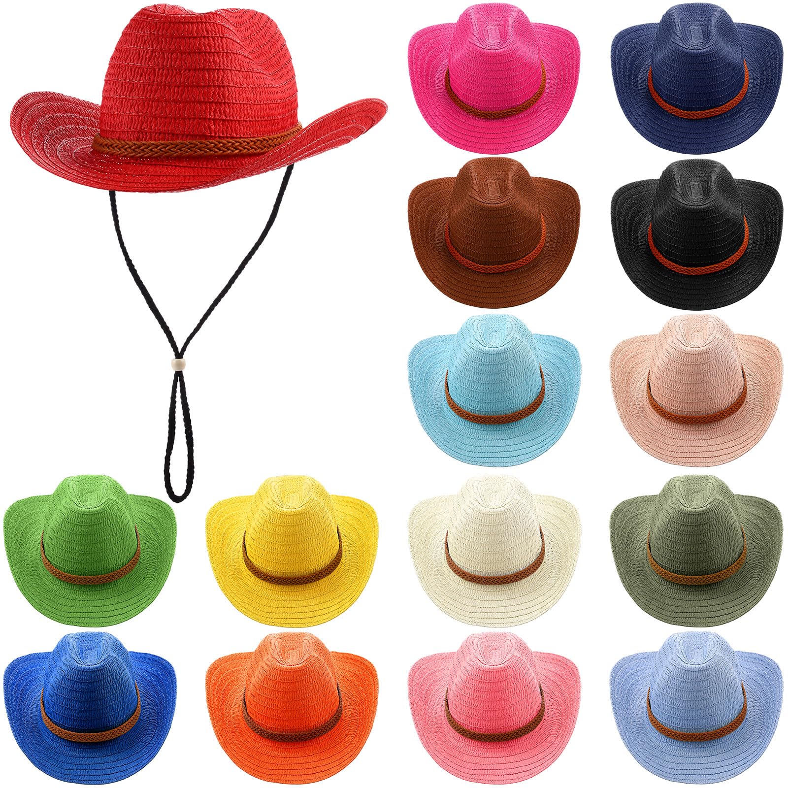 Suhine 15 Pcs Straw Cowboy Hat for Men Women Colorful Western Party Hat Bulks Sun Protection Hat Wide Brim Cowgirl Hat for Summer Beach Adventure Fishing Camping Garden Yard, 15 Colors