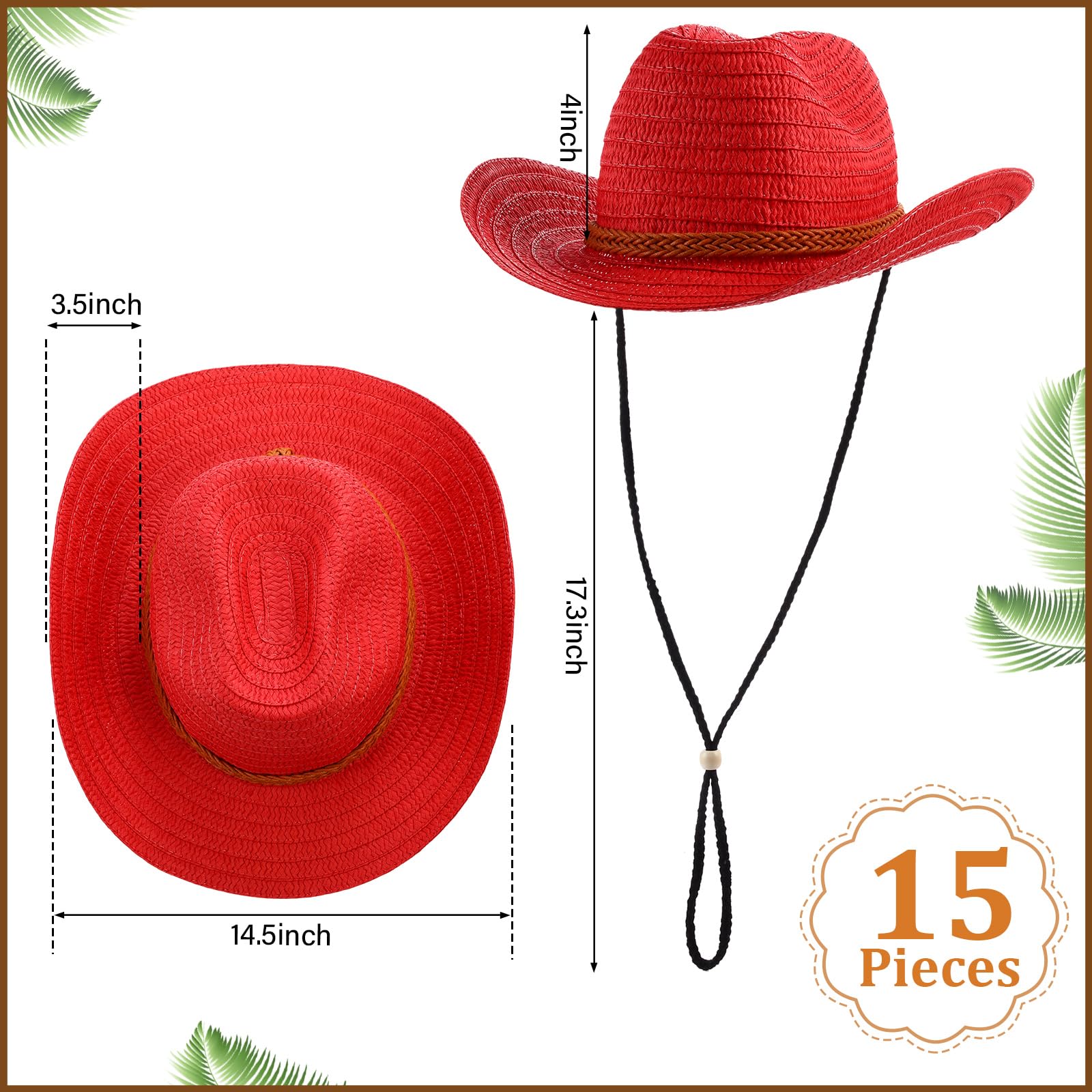 Suhine 15 Pcs Straw Cowboy Hat for Men Women Colorful Western Party Hat Bulks Sun Protection Hat Wide Brim Cowgirl Hat for Summer Beach Adventure Fishing Camping Garden Yard, 15 Colors