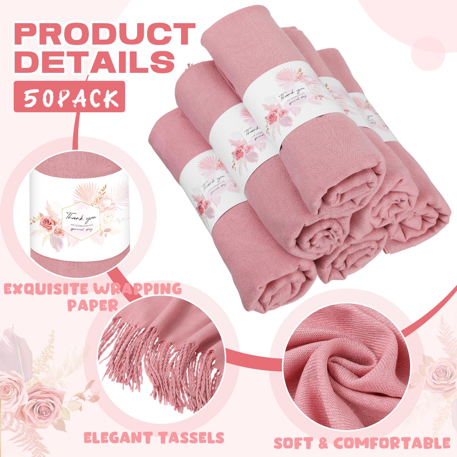 Xtinmee 50 Pack Pashmina Shawl and Wrap Bulk Cashmere Scarf for Guest Wedding Favor Gifts Bridal Baby Shower Birthday Party (pink, Flower)