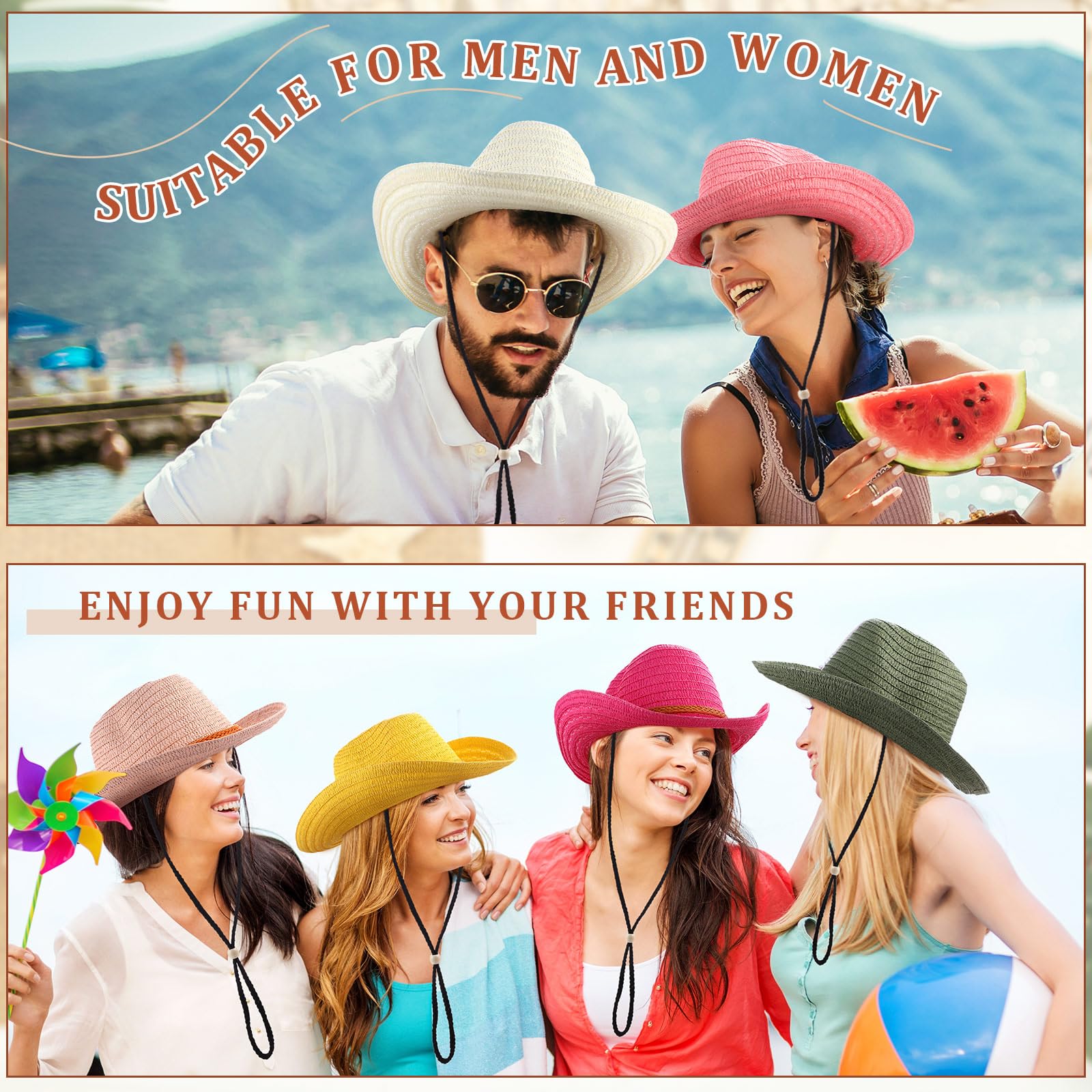 Suhine 15 Pcs Straw Cowboy Hat for Men Women Colorful Western Party Hat Bulks Sun Protection Hat Wide Brim Cowgirl Hat for Summer Beach Adventure Fishing Camping Garden Yard, 15 Colors