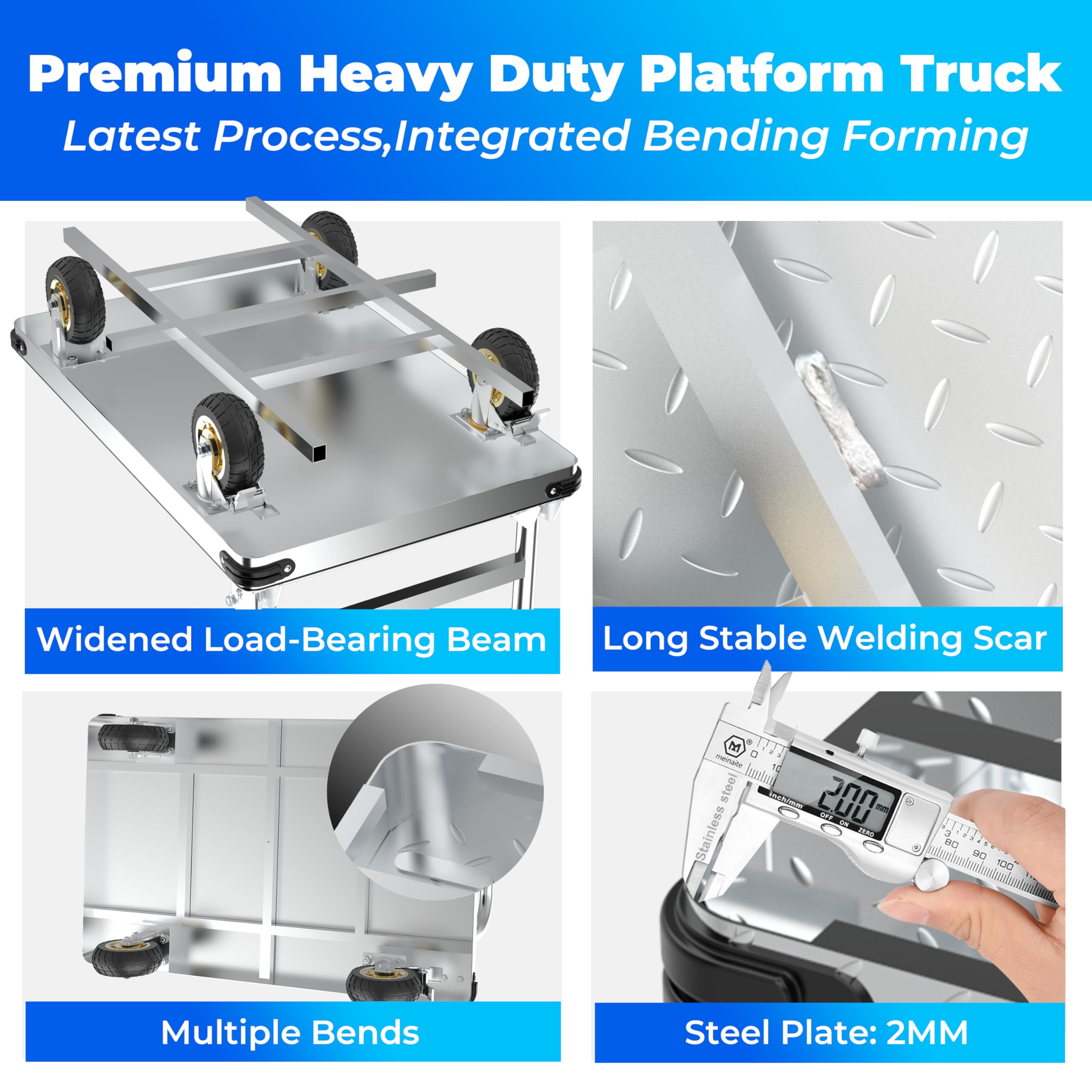 PHEXOD Extra Large Platform Truck Cart, 44 x 28 Dolly Cart Heavy Duty Push Cart Dolly with 2500 LBS Capacity, Foldable Flat Cart Hand Trucks with Non-Slip Mat and 6" Swivel Brake Wheels