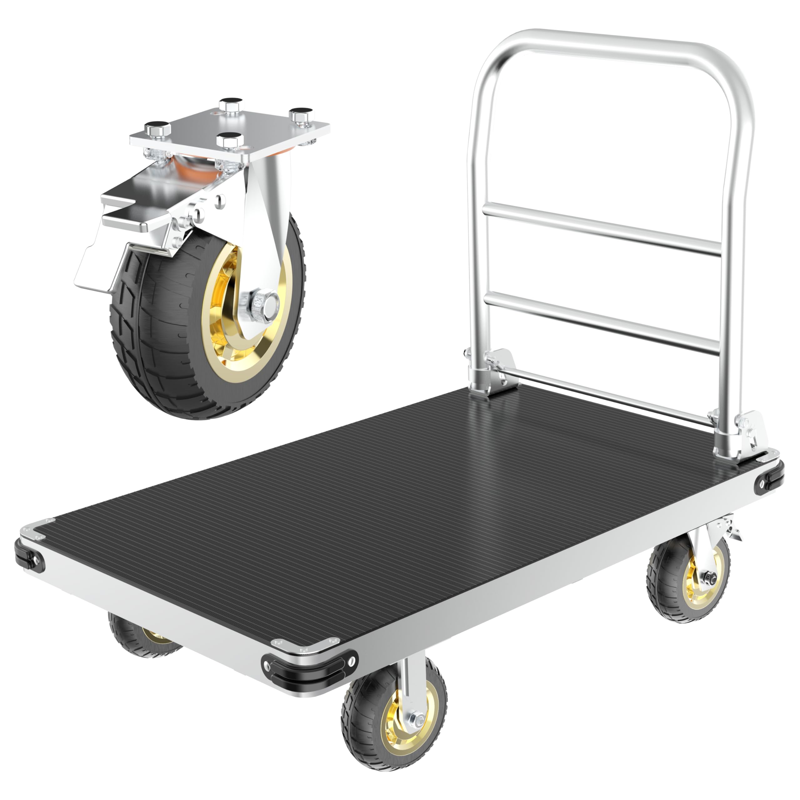 PHEXOD Extra Large Platform Truck Cart, 44 x 28 Dolly Cart Heavy Duty Push Cart Dolly with 2500 LBS Capacity, Foldable Flat Cart Hand Trucks with Non-Slip Mat and 6" Swivel Brake Wheels