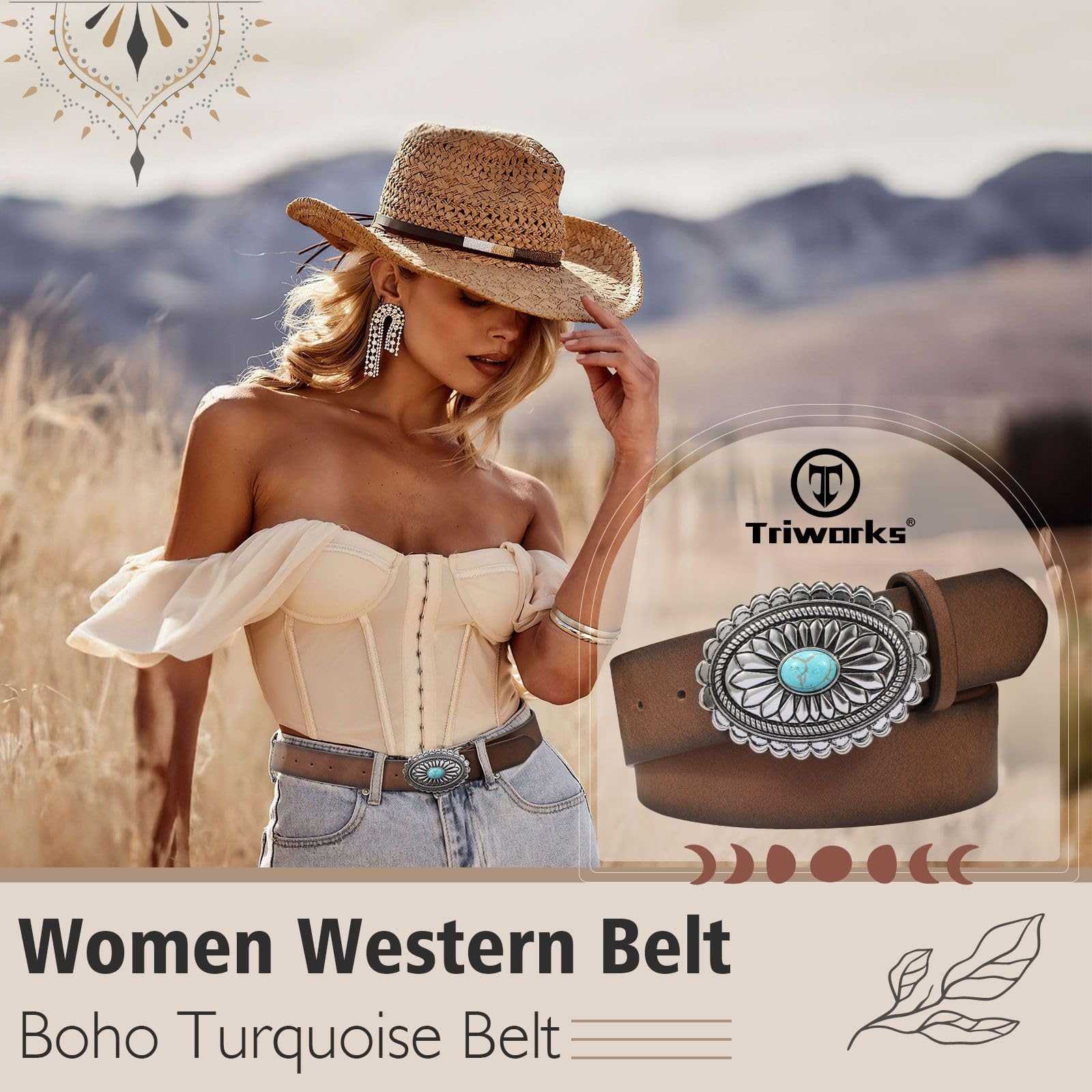 TRIWORKS Women's Western Leather Belt Vintage Medieval Turquoise Buckle Belt Ladies Cowgirl Concho Leather Belt