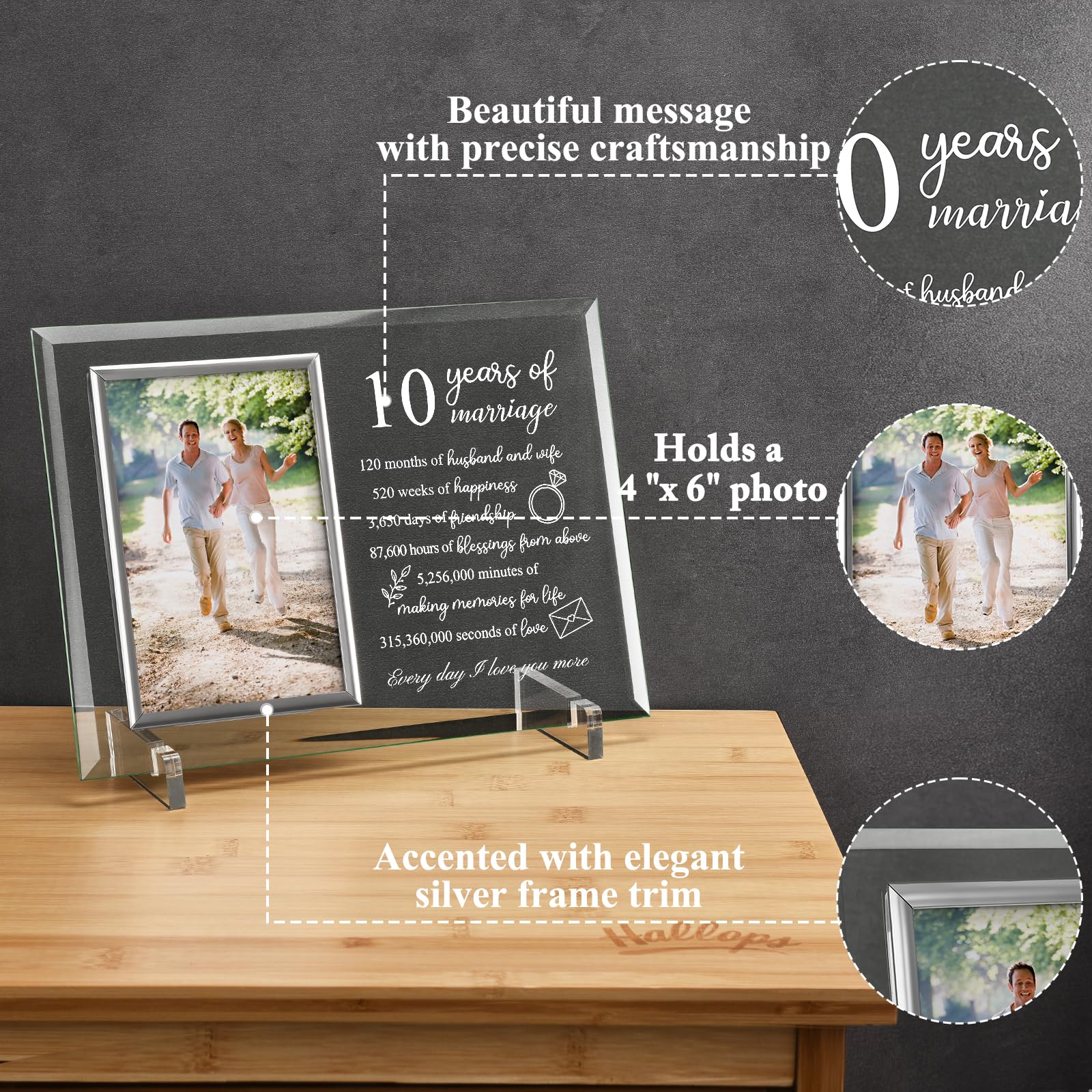 Unique Prints Design 10 Year Anniversary for Her or Him Gifts, 10th Wedding Anniversary Picture Frame for Couple, Tin Aluminum Anniversary Marriage Presents for Wife or Husband