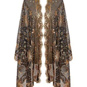 L'VOW Women's Glittering 1920s Scarf Mesh Sequin Wedding Cape Fringed Evening Shawl Wrap(S4-Black&Gold)