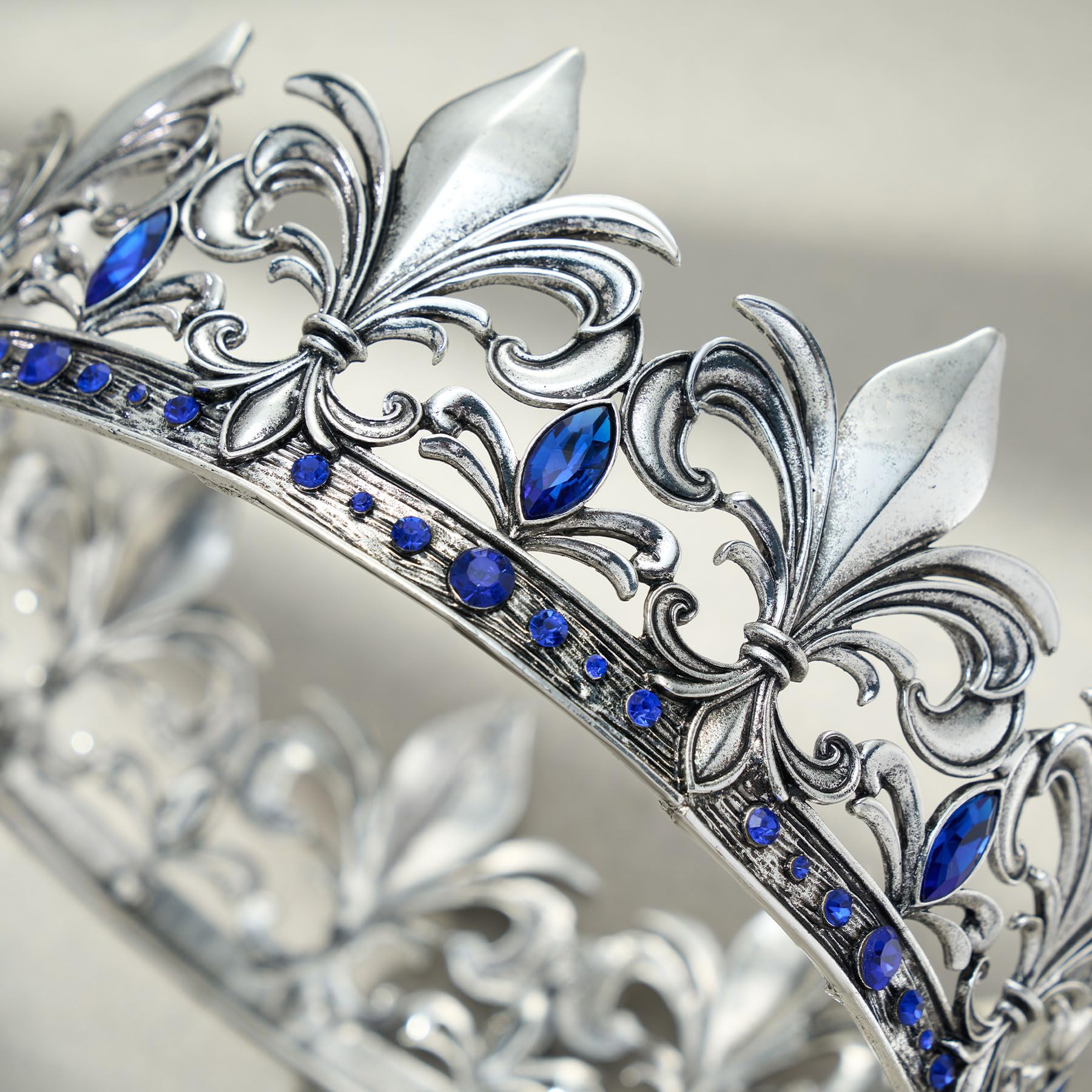 SWEETV Antique Silver King Crown for Men/Women (Unisex), Men's Tiara Prince Diadem, Crystal Medieval Headwear, Royal Costume Hair Accessories for Cosplay Birthday Wedding Halloween, Blue