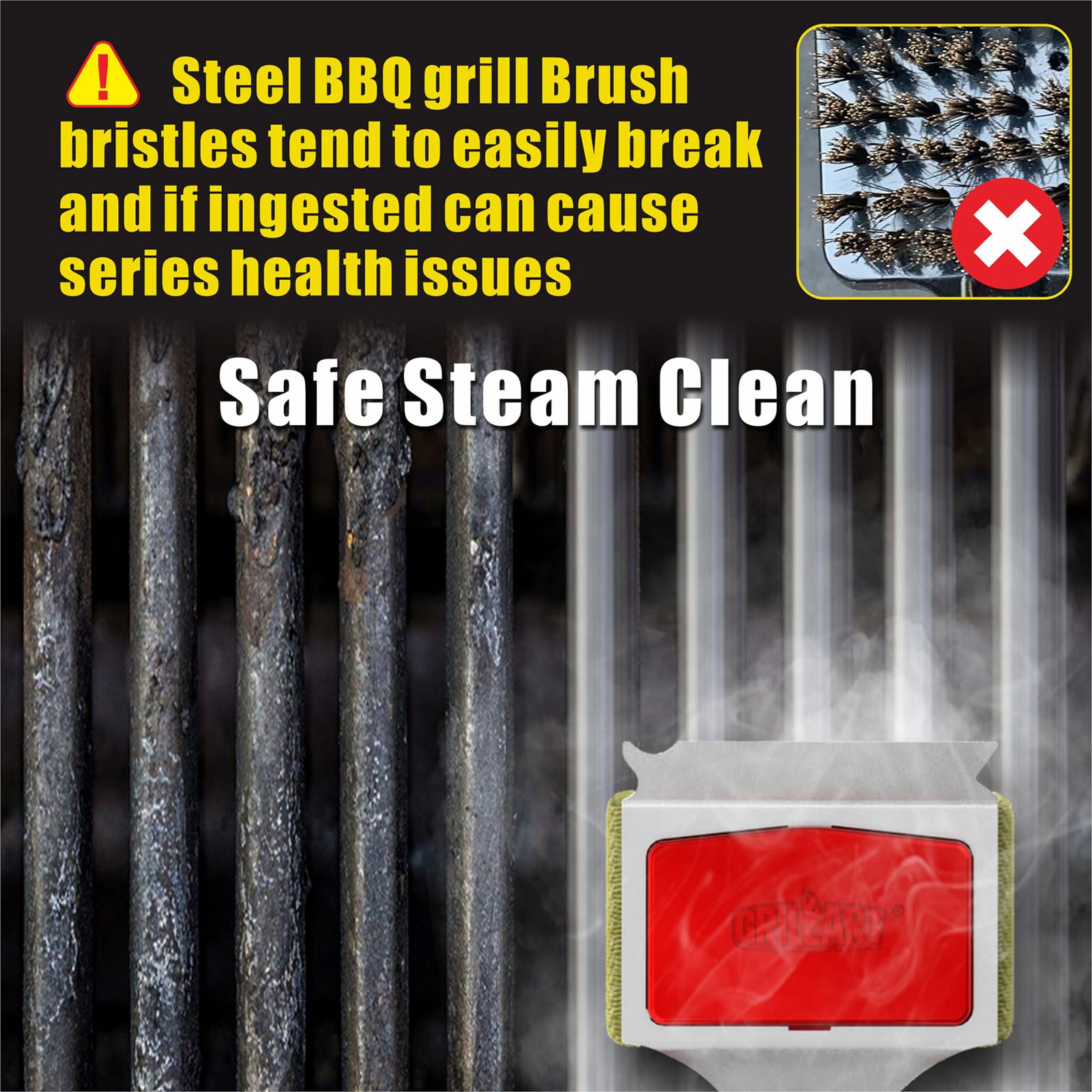 GRILLART Grill Brush Bristle Free. SteamWizards BBQ Replaceable Cleaning Head, Unique Seamless-Fit Scraper Tool for Cast Iron/Stainless-Steel Grates, Safe Barbecue Grill Cleaner-Red