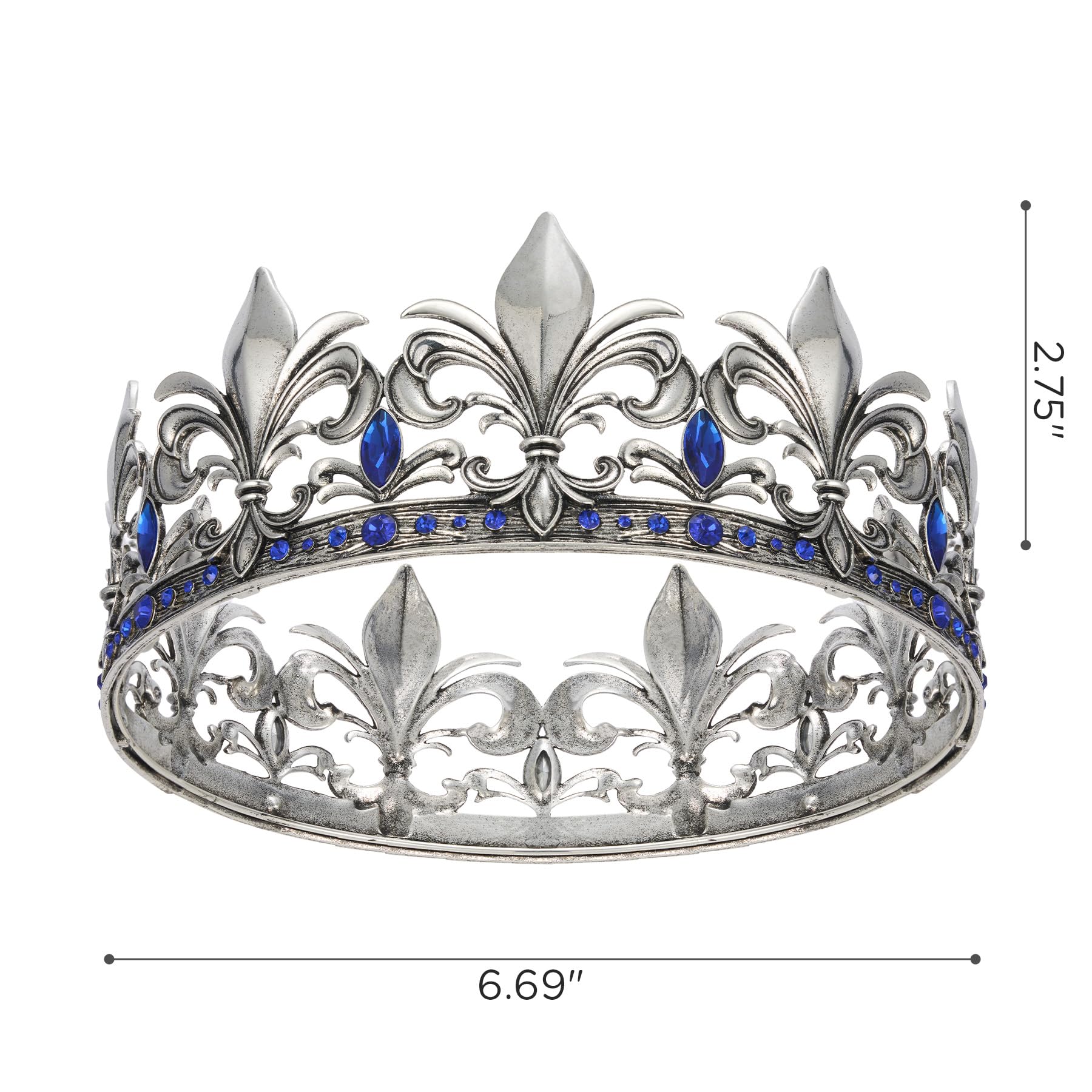 SWEETV Antique Silver King Crown for Men/Women (Unisex), Men's Tiara Prince Diadem, Crystal Medieval Headwear, Royal Costume Hair Accessories for Cosplay Birthday Wedding Halloween, Blue